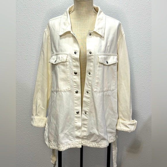 Zara Off-White Jean Denim Jacket Women XXL Oversized Snap‎ Up Belted - Picture 1 of 9